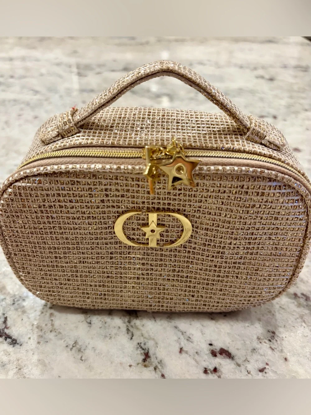 NEW Dior Gold Glitter Top-Handle Cosmetic Case with star zipper pulls